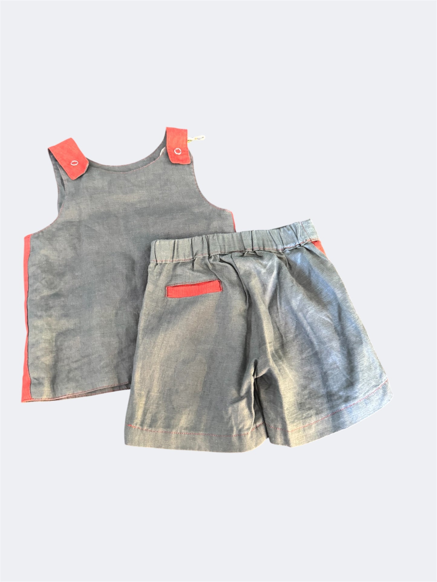 Linen Set Red/ Grey Linen Toddler Set – Reversible Top & Shorts – Snap Shoulder Shirt