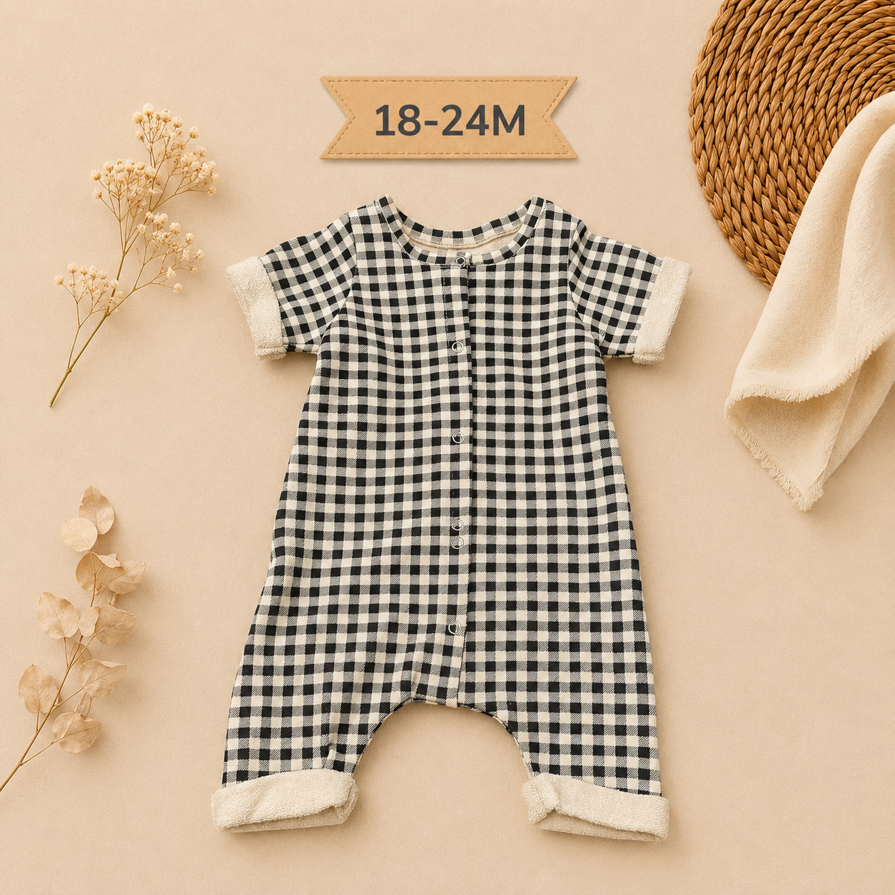 Black Gingham French Terry Organic Cotton Romper