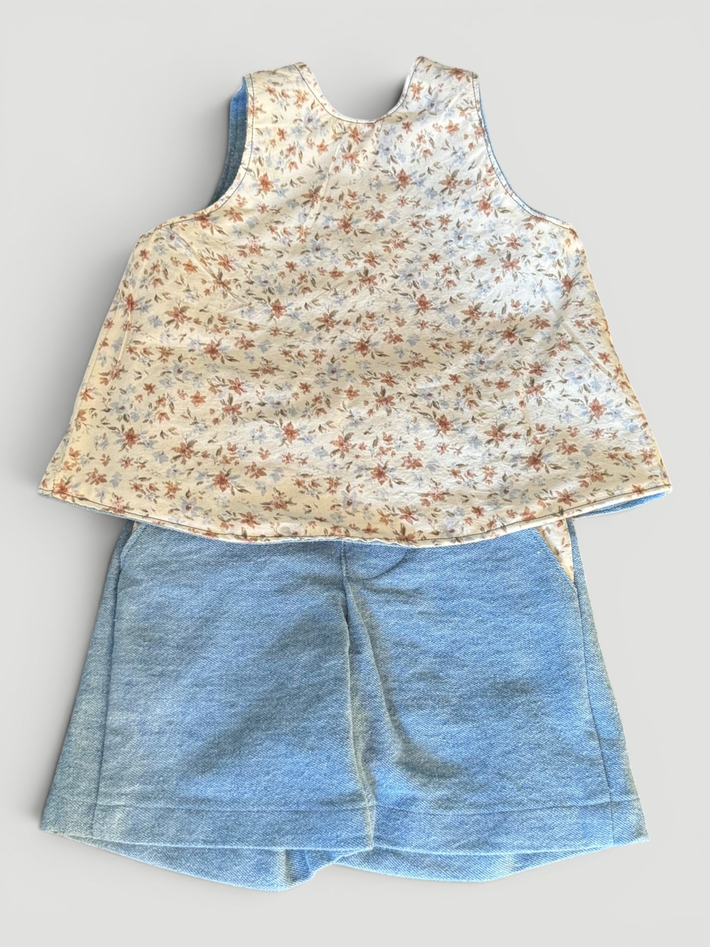 Summer Set- Demin w/ blue floral liner Reversible Organic Cotton –Lined Blue and Brown Floral - Matching Shorts.