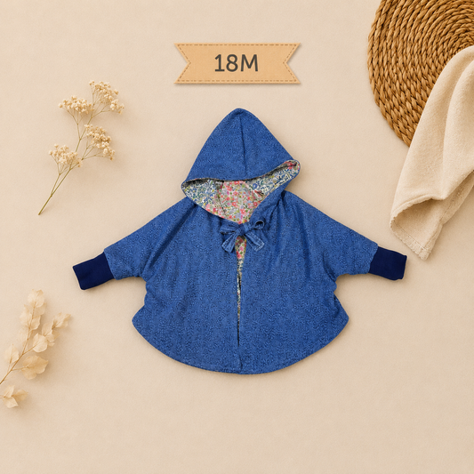 Toddler Denim Poncho | Hooded Floral Lined Cape, Upcycled Lightweight Jacket