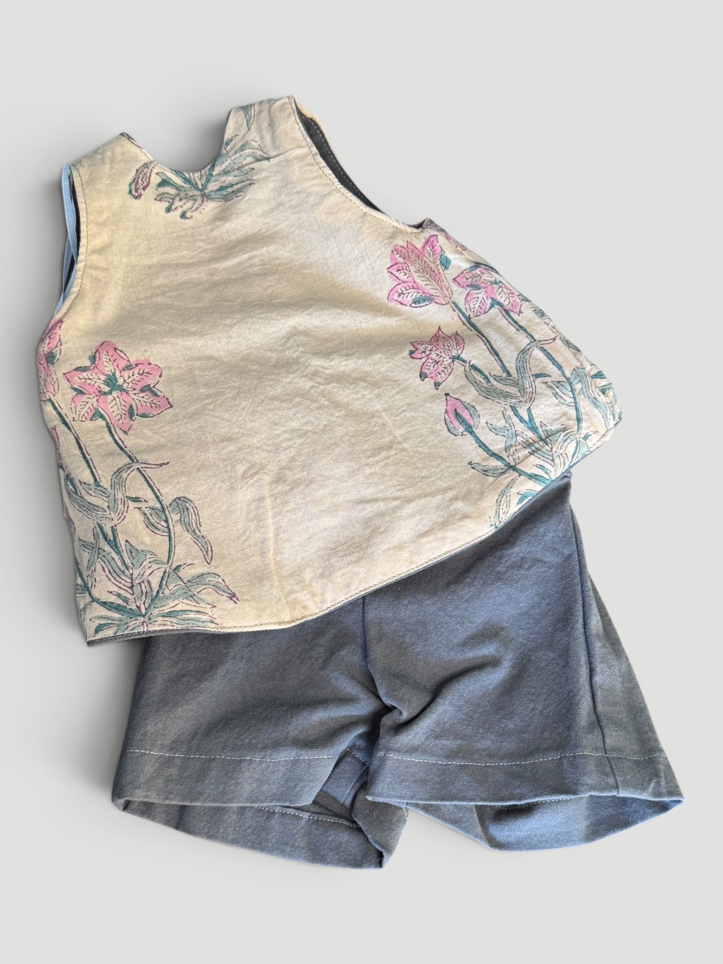 Summer Set -Ivy Green Organic Cotton –Lined Tan Floral - Matching Shorts.