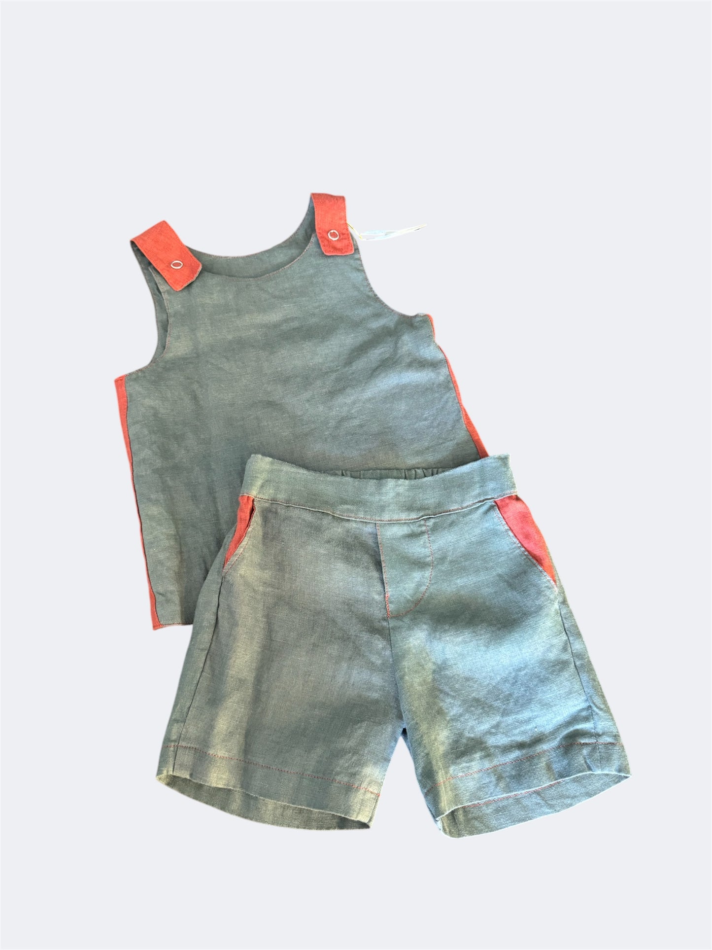 Linen Set Red/ Grey Linen Toddler Set – Reversible Top & Shorts – Snap Shoulder Shirt