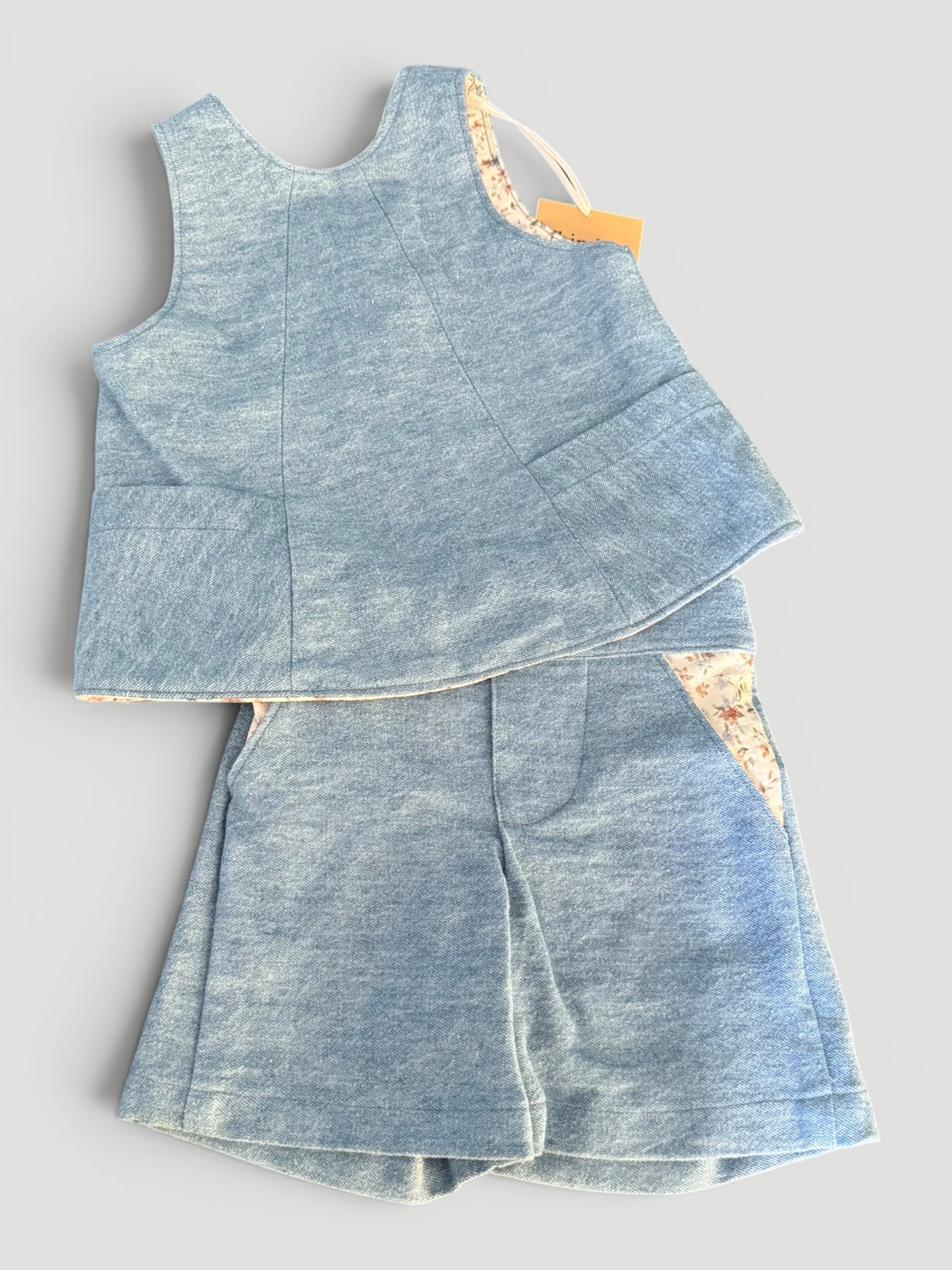 Summer Set- Demin w/ blue floral liner Reversible Organic Cotton –Lined Blue and Brown Floral - Matching Shorts.