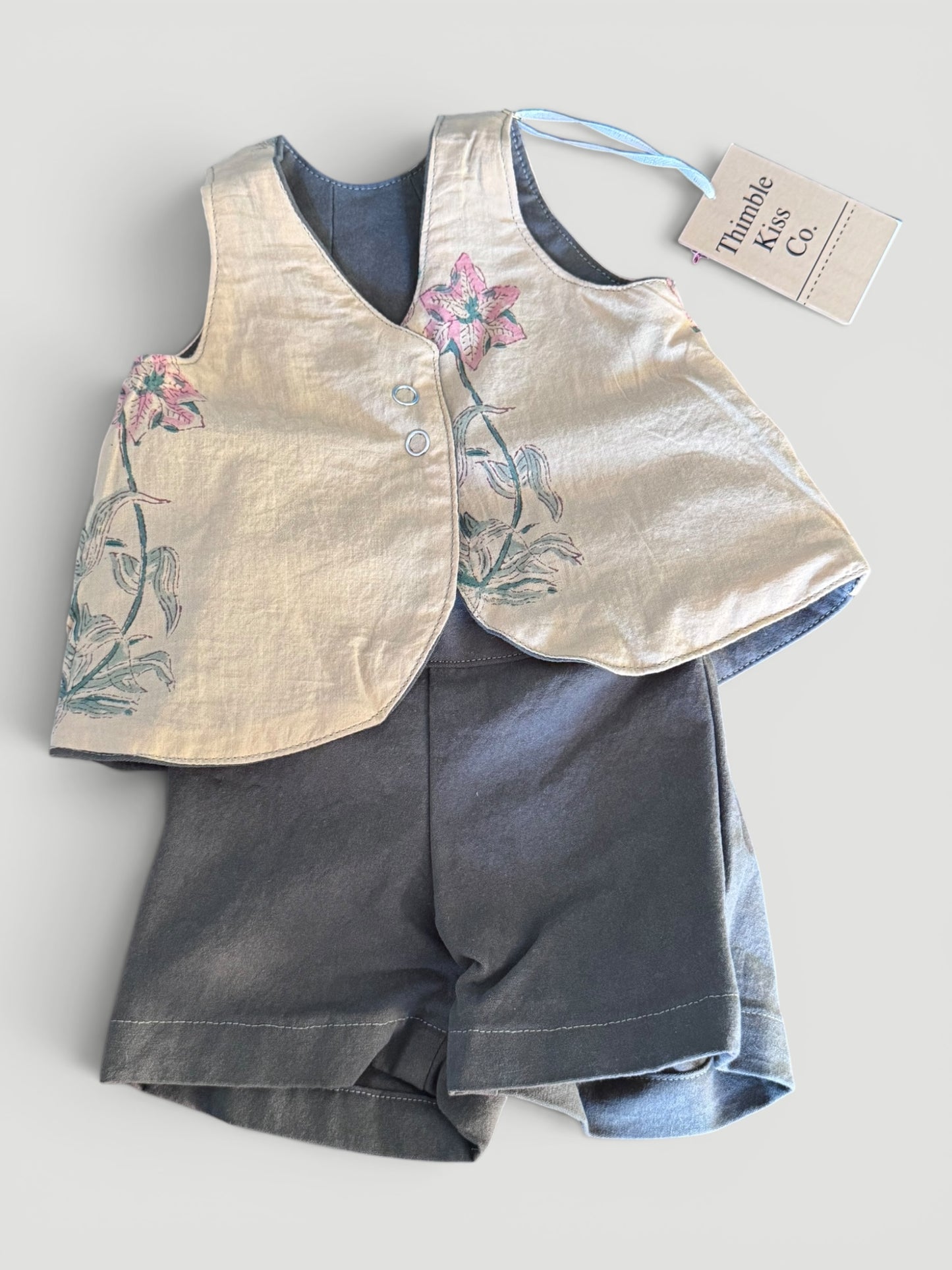 Summer Set -Ivy Green Organic Cotton –Lined Tan Floral - Matching Shorts.