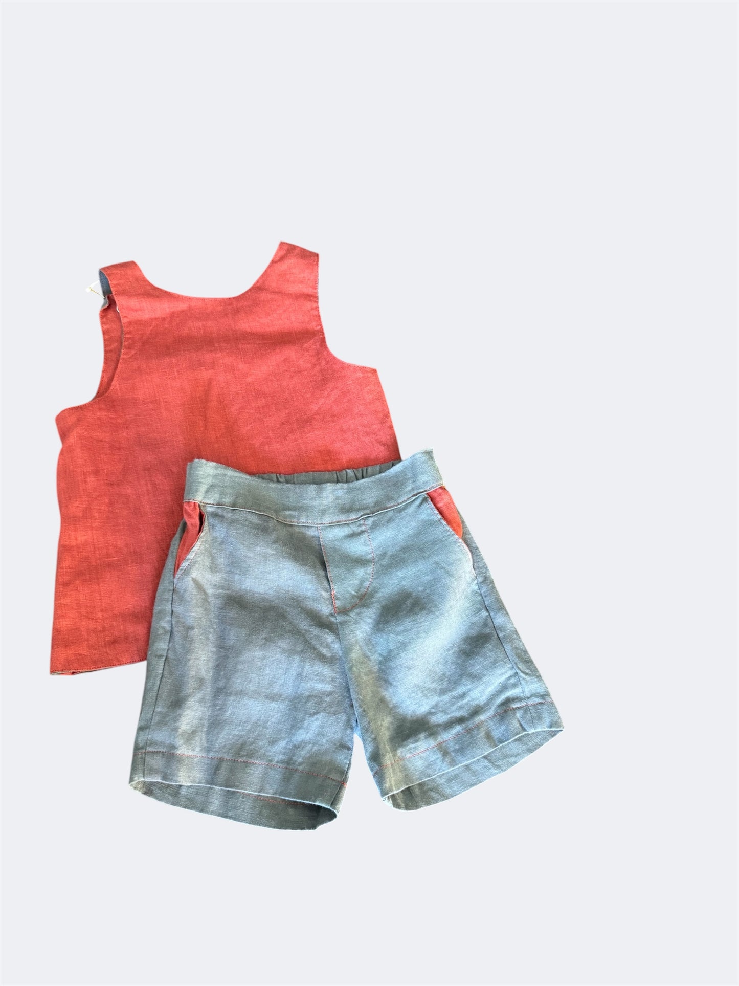 Linen Set Red/ Grey Linen Toddler Set – Reversible Top & Shorts – Snap Shoulder Shirt