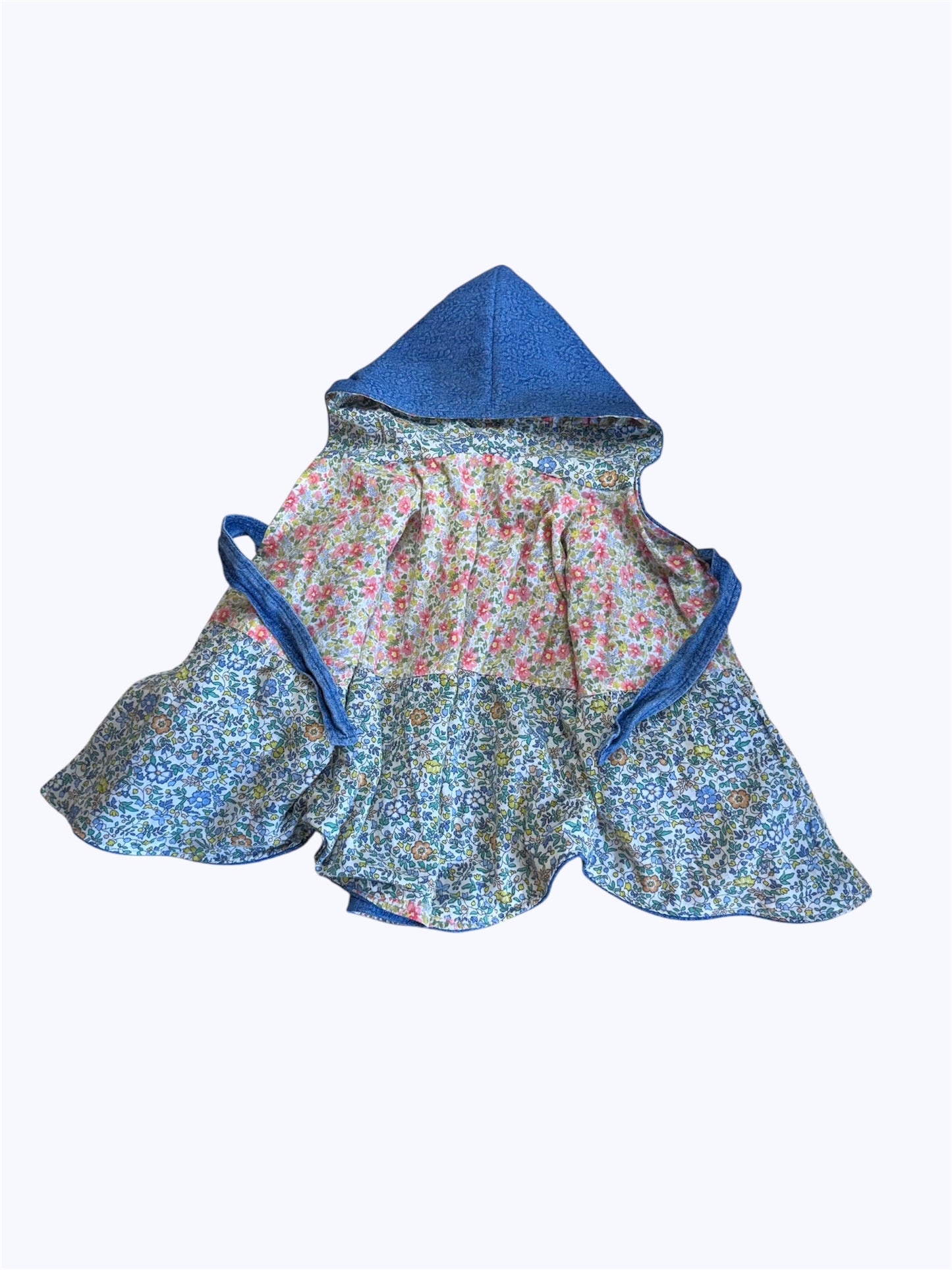 Toddler Denim Poncho | Hooded Floral Lined Cape, Upcycled Lightweight Jacket